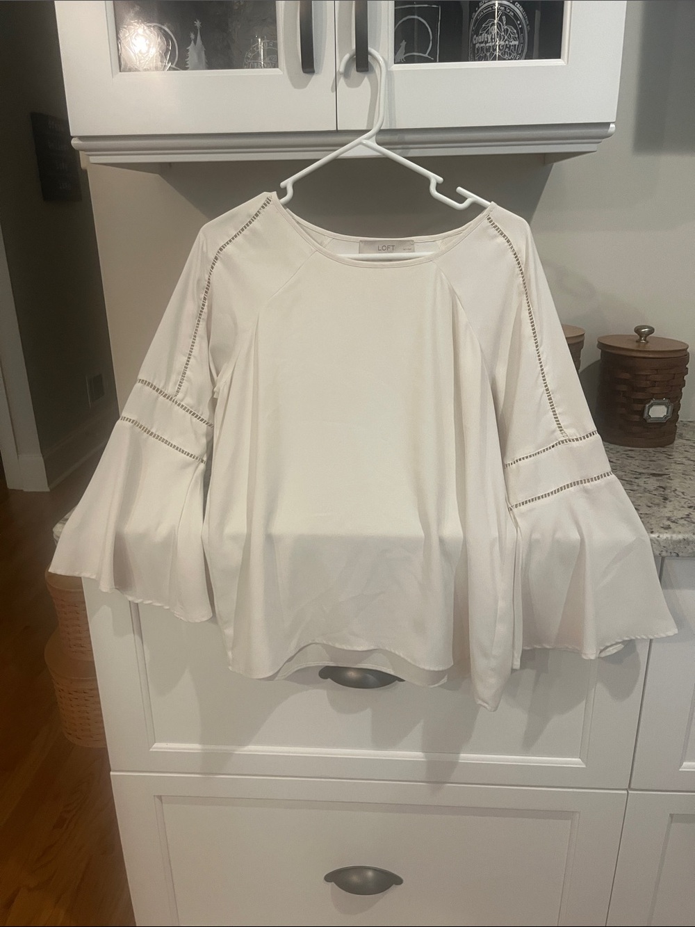 LOFT Cream Bell-Sleeve Blouse with Ladder Trim